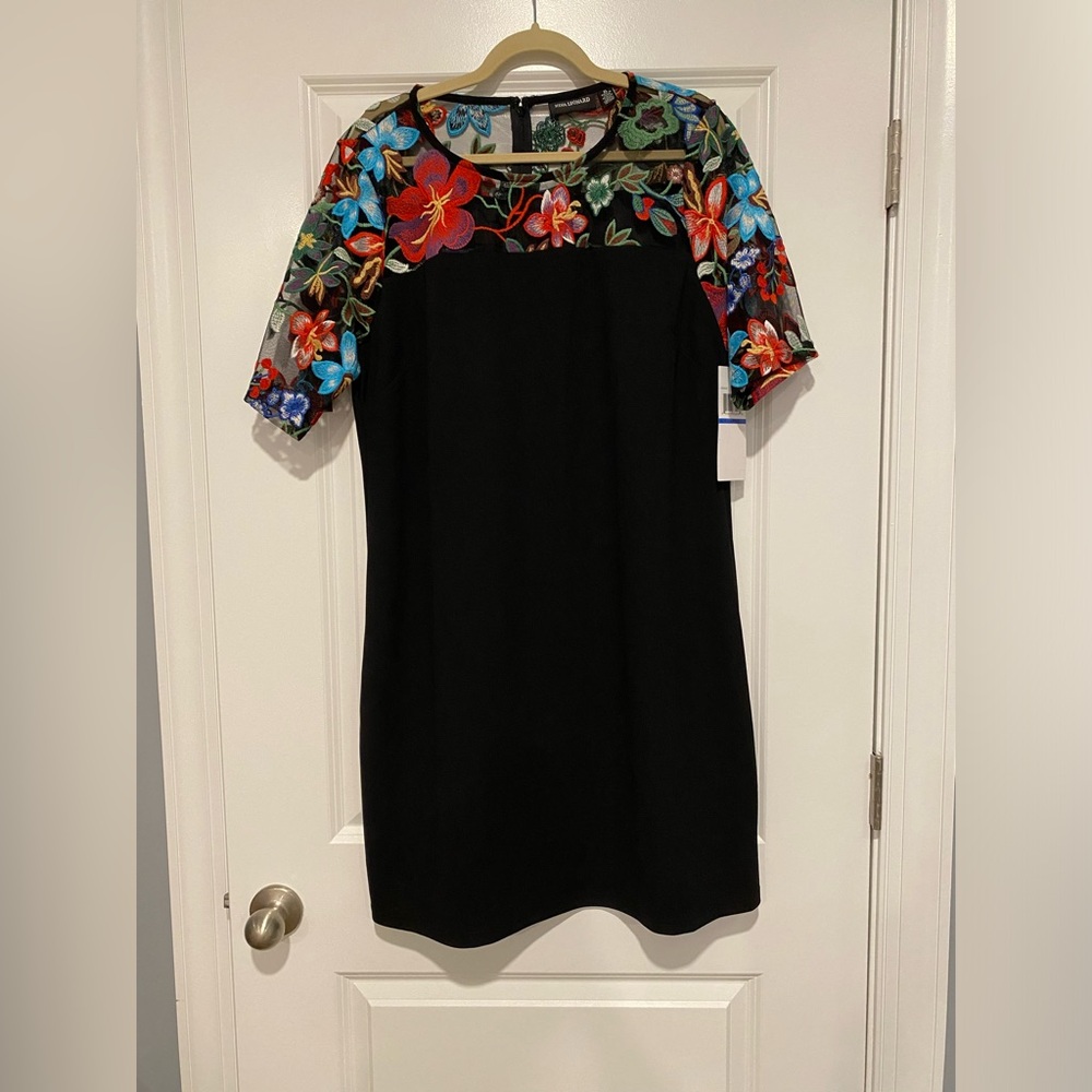 SALE Nina Leonard NWT black shirt sleeve dress with floral neck embellishment